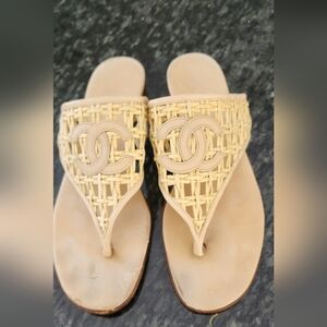 CHANEL Beige Woven CC Thong Sandals